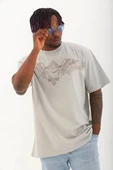 Unisex Oversize Taşlı Bisiklet Yaka T-Shirt - Gri thumbnail 1