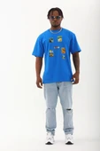Unisex Oversize Baskılı Bisiklet Yaka T-Shirt - Mavi - 4