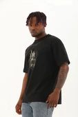 Unisex Oversize Baskılı Bisiklet Yaka T-Shirt - Siyah - 1