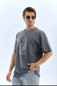 Unisex Oversize Taşlı Bisiklet Yaka T-Shirt - Füme - 5