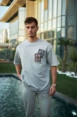 Unisex Bisiklet Yaka Baskılı Oversize T-Shirt - Boyalı Gri - 1