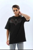 Unisex Oversize Taşlı Bisiklet Yaka T-Shirt - Siyah thumbnail 5