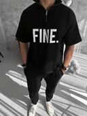 Unisex Baskılı Yarım Fermuarlı T-Shirt - Siyah thumbnail 2