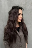 Caş Dekorasyon Isıya Dayanıklı Yıkanabilir Yarımay Çıtçıt Saç 4  -Kahverengi Dalgalı 60 cm - 110 gr - 3