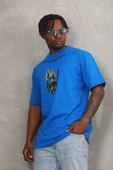 Unisex Oversize Baskılı Bisiklet Yaka T-Shirt - Mavi thumbnail 2