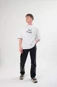 Unisex Bisiklet Yaka Baskılı Oversize T-Shirt - Beyaz - 1