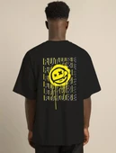 Unisex Bisiklet Yaka Baskılı Oversize T-Shirt - Siyah thumbnail 4