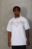 Unisex Oversize Taşlı Bisiklet Yaka T-Shirt - Beyaz thumbnail 5