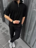 Unisex Yarım Fermuarlı Basic T-Shirt - Siyah thumbnail 2