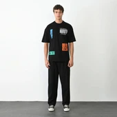 Unisex Bisiklet Yaka Baskılı Oversize T-Shirt - Siyah thumbnail 1