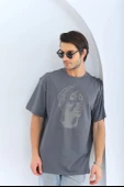 Unisex Oversize Taşlı Bisiklet Yaka T-Shirt - Füme - 8