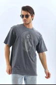 Unisex Oversize Taşlı Bisiklet Yaka T-Shirt - Füme - 6
