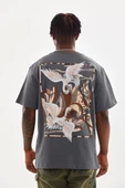 Unisex Baskılı Oversize T-Shirt - Füme - 2