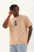 Unisex Oversize Baskılı Bisiklet Yaka T-Shirt - Bej thumbnail 1