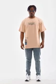 Unisex Bisiklet Yaka Baskılı Oversize T-Shirt - Bej thumbnail 5
