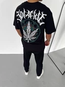 Unisex Bisiklet Yaka Baskılı Oversize T-Shirt - Siyah thumbnail 2