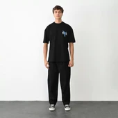 Unisex Bisiklet Yaka Baskılı Oversize T-Shirt - Siyah thumbnail 1