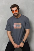 Unisex Bisiklet Yaka Baskılı Oversize T-Shirt - Füme - 6