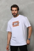 Unisex Bisiklet Yaka Baskılı Oversize T-Shirt - Beyaz thumbnail 7