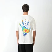 Unisex Bisiklet Yaka Baskılı Oversize T-Shirt - Beyaz thumbnail 5