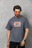 Unisex Bisiklet Yaka Baskılı Oversize T-Shirt - Füme - 1