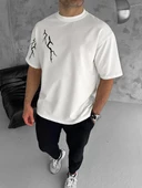 Unisex Bisiklet Yaka Baskılı Oversize T-Shirt - Beyaz - 1