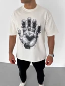 Unisex Bisiklet Yaka Baskılı Oversize T-Shirt - Beyaz thumbnail 2