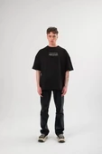 Unisex Bisiklet Yaka Baskılı Oversize T-Shirt - Siyah thumbnail 1
