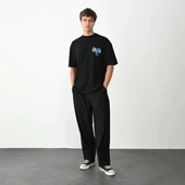 Unisex Bisiklet Yaka Baskılı Oversize T-Shirt - Siyah thumbnail 4