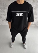 Unisex Bisiklet Yaka Baskılı Oversize T-Shirt - Siyah - 1