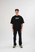 Unisex Bisiklet Yaka Baskılı Oversize T-Shirt - Siyah thumbnail 1