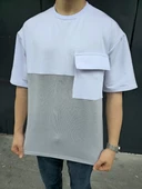 Unisex Torba Cep Detaylı Parçalı T-Shirt - Gri thumbnail 1