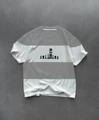 Unisex Bisiklet Yaka Baskılı Parçalı Oversize T-Shirt - Gri - 1