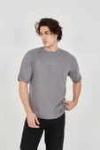 Unisex Jakar Kumaş Rahat Kol T-Shirt - Gri thumbnail 1
