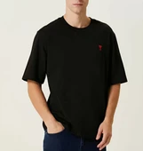 Unisex Bisiklet Yaka Baskılı Oversize T-Shirt - Siyah thumbnail 1