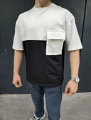 Unisex Torba Cep Detaylı Parçalı T-Shirt - Siyah - 6