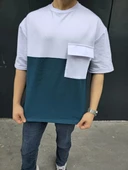 Unisex Torba Cep Detaylı Parçalı T-Shirt - Lacivert thumbnail 5