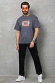 Unisex Bisiklet Yaka Baskılı Oversize T-Shirt - Füme - 3
