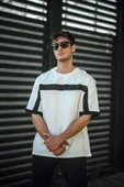 Unisex Yandan Fermuarlı Parçalı T-Shirt - Beyaz - 1