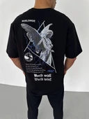 Unisex Bisiklet Yaka Baskılı Oversize T-Shirt - Siyah - 2