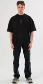 Unisex Bisiklet Yaka Baskılı Oversize T-Shirt - Siyah thumbnail 1