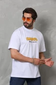 Unisex Bisiklet Yaka Baskılı Oversize T-Shirt - Beyaz thumbnail 6