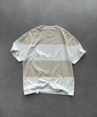 Unisex Bisiklet Yaka Parçalı T-Shirt - Bej thumbnail 1