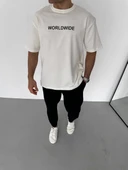 Unisex Bisiklet Yaka Baskılı Oversize T-Shirt - Beyaz thumbnail 1