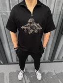 Unisex Yarım Fermuarlı Baskılı Oversize T-Shirt - Siyah thumbnail 1