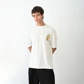 Unisex Bisiklet Yaka Baskılı Oversize T-Shirt - Beyaz thumbnail 3