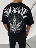 Unisex Bisiklet Yaka Baskılı Oversize T-Shirt - Siyah thumbnail 3