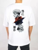 Unisex Bisiklet Yaka Baskılı Oversize T-Shirt - Beyaz thumbnail 2