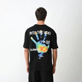 Unisex Bisiklet Yaka Baskılı Oversize T-Shirt - Siyah thumbnail 5