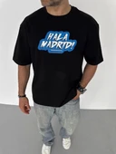 Unisex Bisiklet Yaka Baskılı Oversize T-Shirt - Siyah - 1